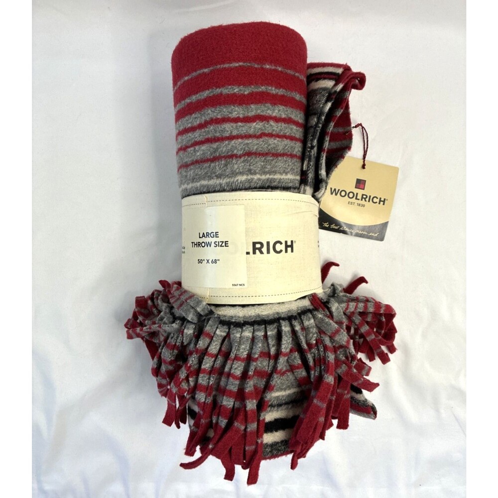 Woolrich Fleece Fringed Throw Blanket 50 x 68 Oversized Red Gray Stripe Vintage